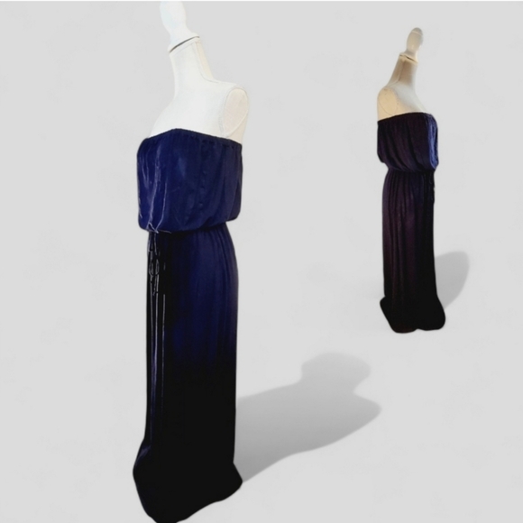 JCrew Women's Strapless Bouncy Flowy Drawstring Waist Pocket Maxi Dress NavyBlue - Picture 3 of 10